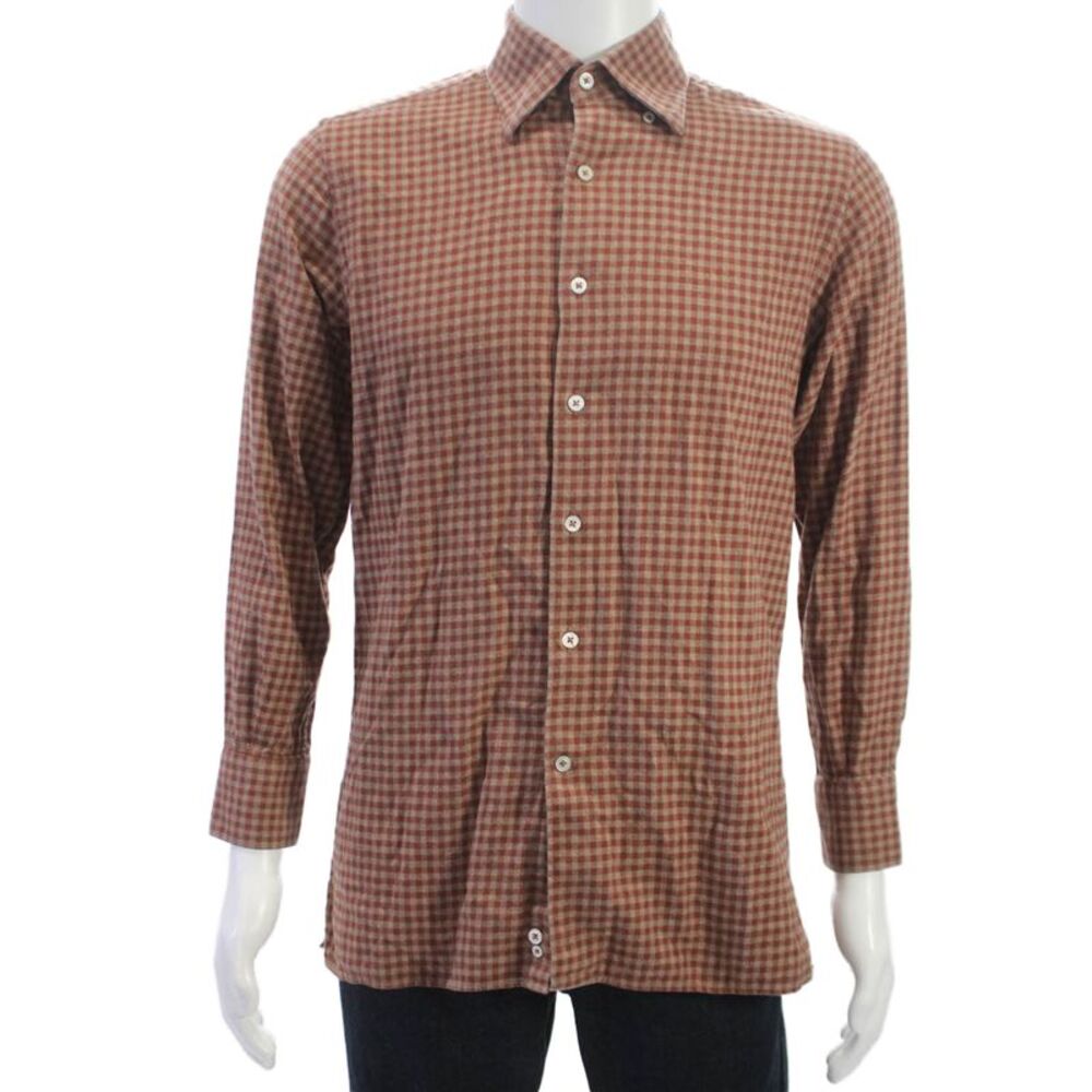 Canali Mens Button Up Brown Check Cotton Blend Shirt Long Sleeve Size M